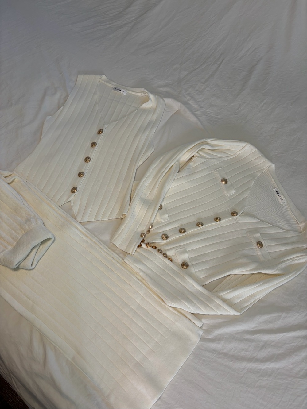 Cream Ribbed Button Cardigan Set with Gold-Tone Buttons - Picture 5 of 6